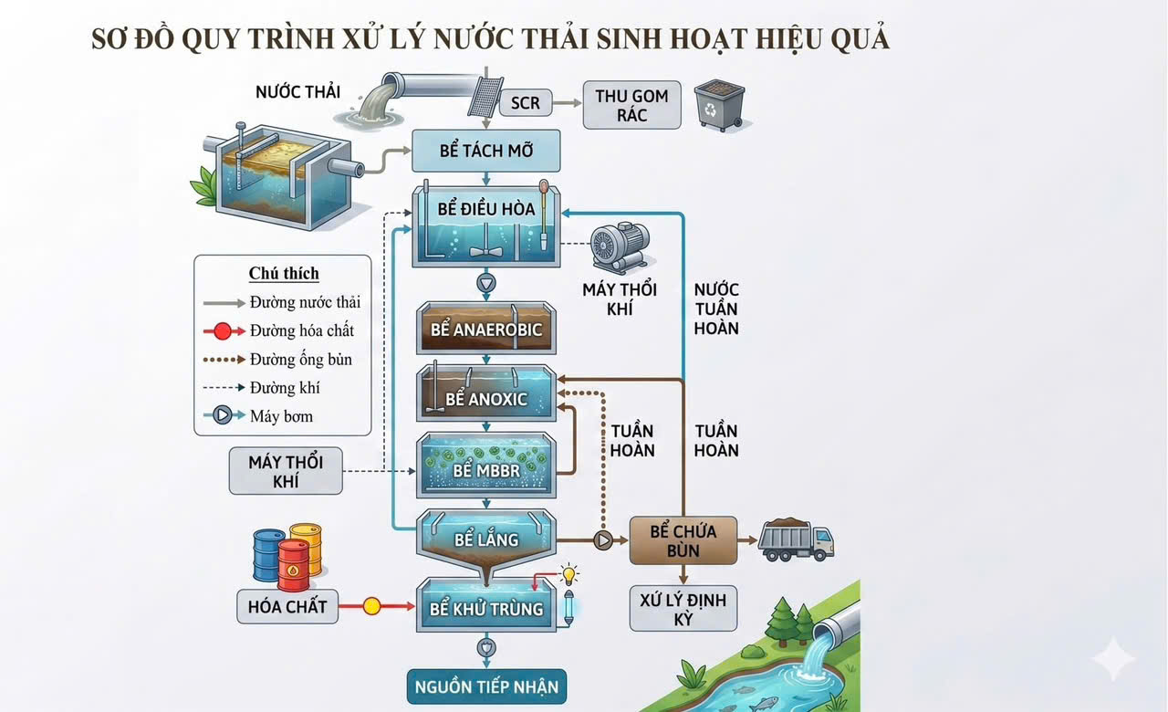 Quy trình xử lý nước thải sinh hoạt tiêu chuẩn